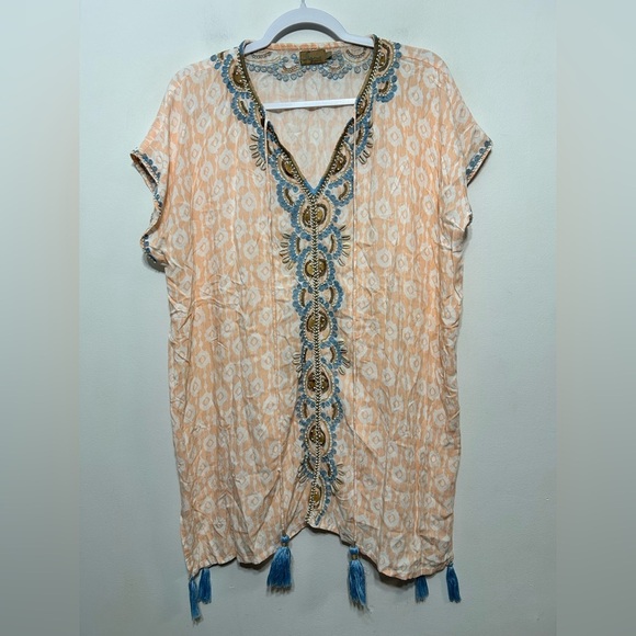 Skemo Boho Embroidered Beaded Shell Tassel Oversized Tunic - Picture 1 of 12